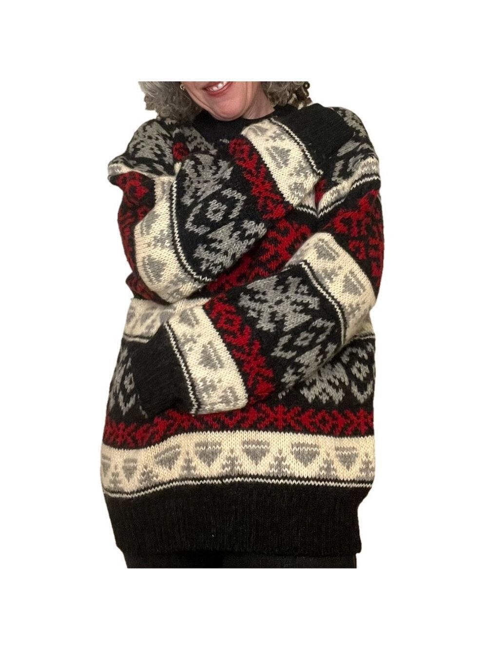 VINTAGE 100% Virgin Wool Pullover Crew Neck Sweater Black Cream Grey Red Unisex - Picture 8 of 11